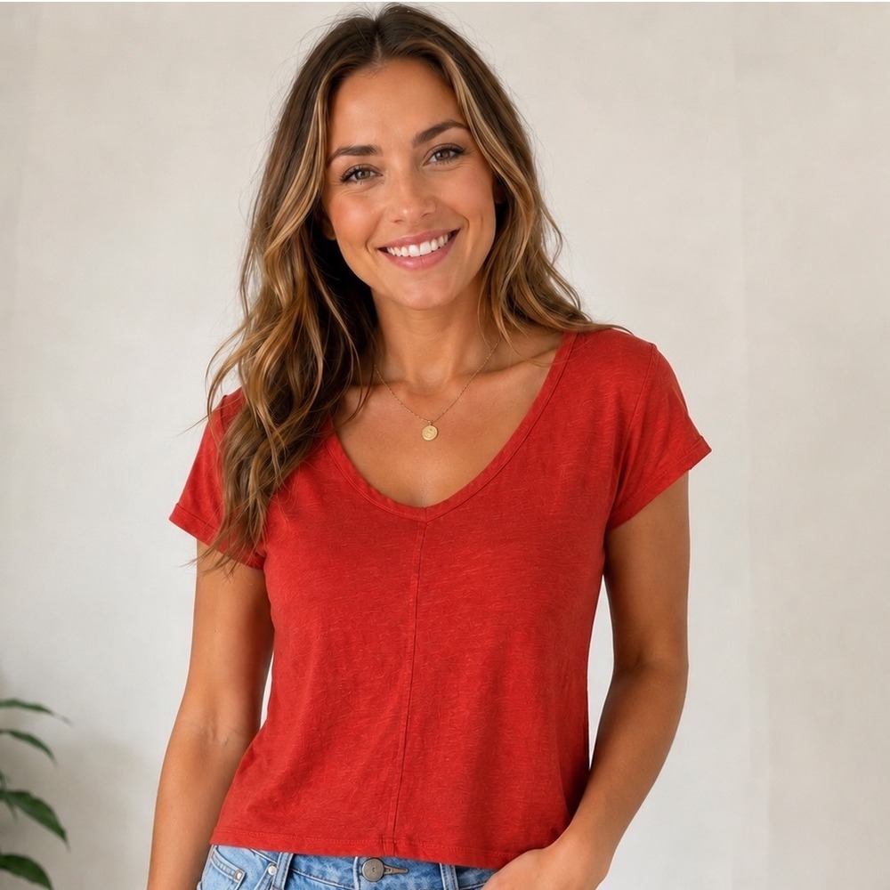 Sigrid Olsen Women Large Red-Orange 100% Linen V-Neck Short Sleeve T-Shirt Top